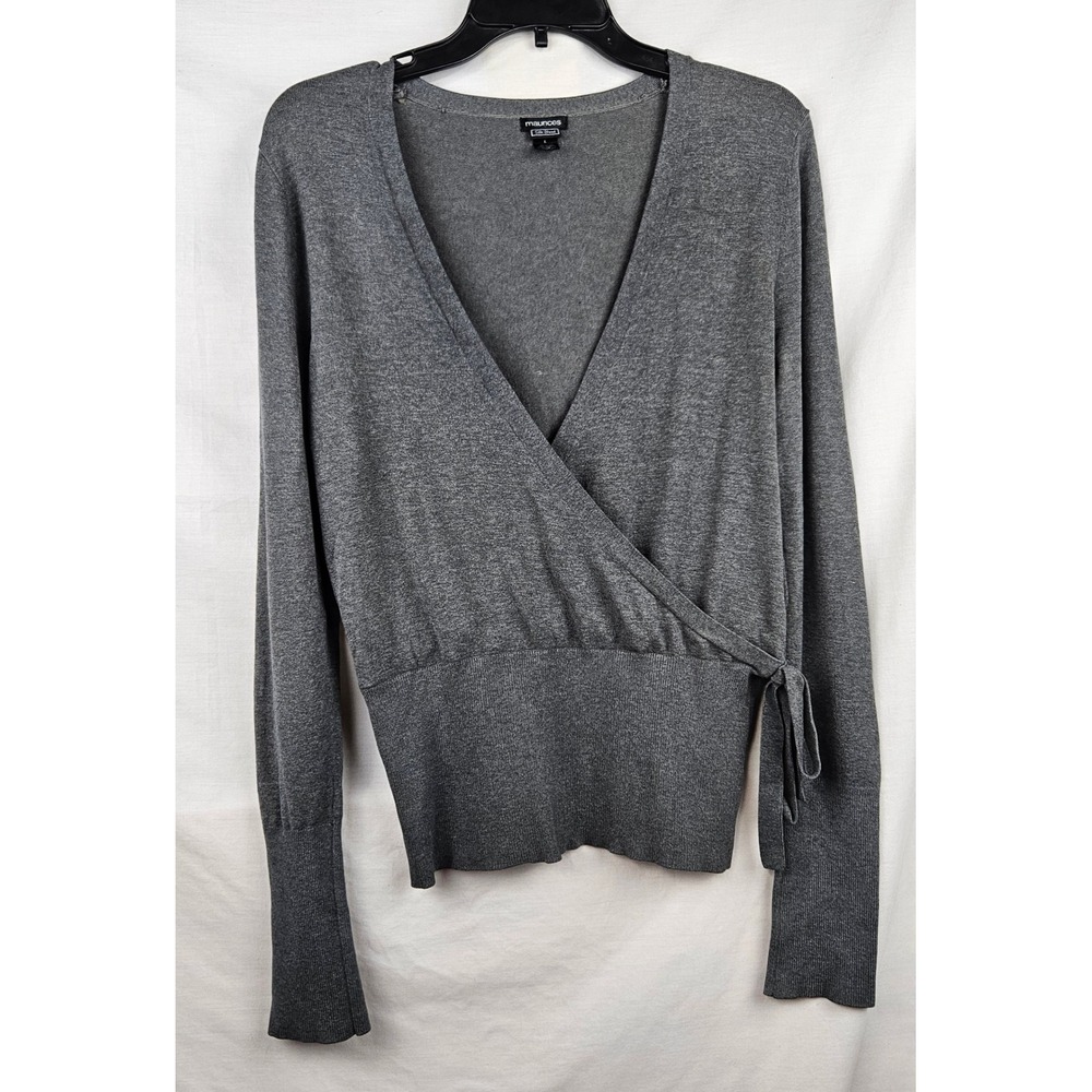 Maurices Silk Blend Wrap Sweater Gray V-Neck Side Tie Long‎ Sleeve Top Lg Y2k